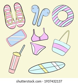 summer items for the beach isolated on yellow background