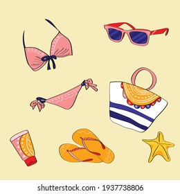 Summer items in cartoon style on yellow background.  Flat cartoon vector illustration. Holiday concept. Beach accessories set.