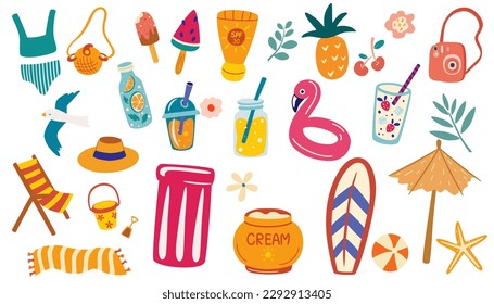 Summer items collection. Beach elements for sea holidays. Sunscreen, snorkeling mask and snorkel, travel car, surfboard, slippers, ice cream, ukulele, exotic fruits. Cartoon vector illustration