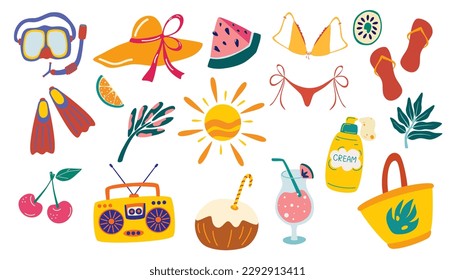 Summer items collection. Sunscreen, snorkeling mask and snorkel, travel car, surfboard, slippers, ice cream, ukulele, exotic fruits. Doodle cartoon vector illustration