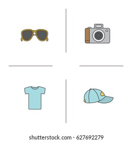 Summer items color icons set. Sunglasses, photo camera, t-shirt, cap. Isolated vector illustrations