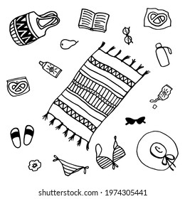 Summer items in doodle style. Beach items set with straw-hat, beach mat, sunglasses and swimsuit. Black and white vector illustration.