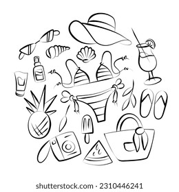 Summer items hand drawn. Doodle set of illustrations isolated on white background. Beach