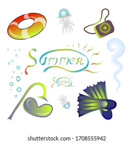 summer items for holidays on the sea ocean island. set of vector images of postcards for tourism swimming and recreation. isolated on a white. mask goggles for swimming flippers and a life preserver.