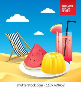 Summer Items on the beach - watermelon juice, watermelon slice, beach chair, jelly