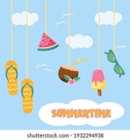 summer items on the sky background