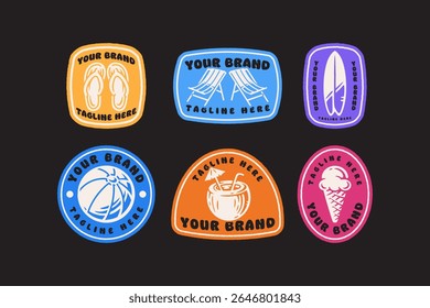 summer items retro badge logo set with slipper, chair, surfboard, ball, coconut, ice cream. beach holiday vintage label patch sticker collection including beach items, drinks, treats