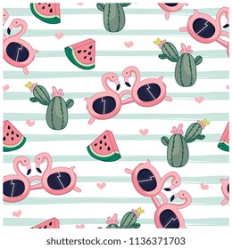 Summer items seamless pattern. Sunglasses, cactus, watermelon vector illustration.Cute repeat pattern for kids.