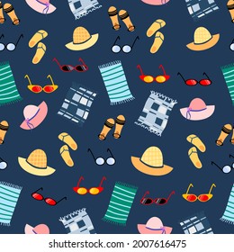 Summer items. Seamless pattern. Sunglasses, hat, sandals, slippers, towel. Cute cartoon background for design of fabric, packaging, paper, clothes.