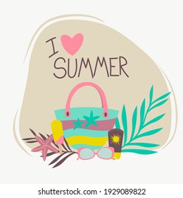 Summer items set, accessories. Beach, sunglasses, sun cream, ice cream, slippers, swimsuit, hat. Modern vector flat design image isolated on white background.