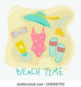 Artículos de verano, accesorios. Playa, gafas de sol, crema de sol, helado, zapatillas, bañador, sombrero. Imagen moderna de diseño plano vectorial aislada en fondo blanco.