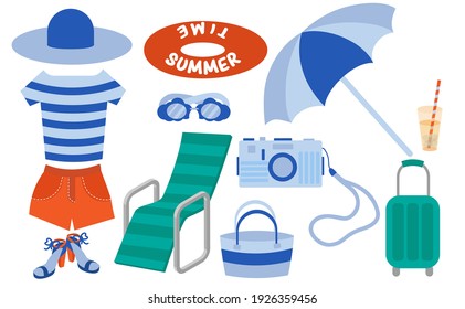 Juego de artículos de verano, accesorios: gafas de sol, parasol, salvavidas, bebidas frías, silla de playa