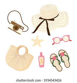 Summer items set, accessories. Sunglasses, sunscreen, straw hat, beach bag, starfish, camera, slippers. Modern design flat image isolated on white background. Collection of summer symbols.