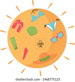 Summer items set. Beach accessories: swimsuit, flip flops, cream, umbrella, hat, towel on the sand