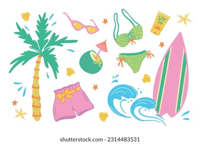 Summer items set. Groovy y2k positive vector design. Surfboard, spf 50, palm tree, sunglasses, cocktails, shorts, bikini isolated cliparts