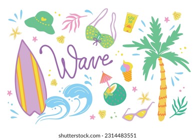 Summer items set. Groovy y2k positive vector design. Wave quote lettering. Surfboard, spf 50, palm tree, sunglasses, cocktails, ice-cream, bra isolated cliparts