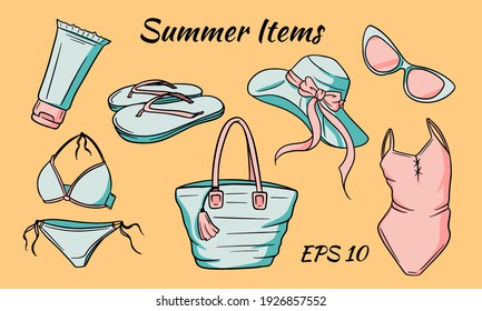 Summer items set. Items necessary for a girl on the beach. Hat, bag, flip flops, glasses, sun cream, swimsuit.
