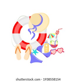 Summer items set on white background. Vector illustration in flat cartoon style. Summer items isolated on white background.