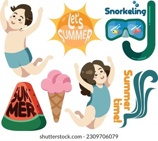 Summer items set, things. Swimming people (kids). Cute, simple style design. Snorkeling, Let's summer text, watermelon, ice cream and sun. Stikers or Graphic recource.