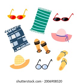 Summer items. Sunglasses, hat, sandals, slippers, towel. Flat isolated vector icons.