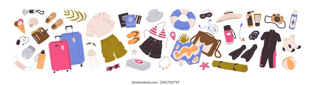 Artículos de verano para el conjunto de viaje. Cosas para vacaciones en la playa, vacaciones en el mar. Equipaje de los turistas, equipaje para el viaje: ropa, traje de baño, gafas de sol, protector solar, pasaporte. Ilustraciones vectoriales aisladas planas en blanco