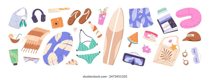 Artículos de verano para el conjunto de viaje. Cosas de turistas para vacaciones en la playa. Accesorios de vacaciones de mar, ropa: bikini, gafas de sol, tabla de surf, círculo inflable, gorra. Ilustraciones vectoriales aisladas planas en blanco