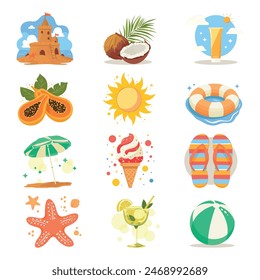 Summer items vector icons for design isolated on white. Sand castle, coconut, sunscreen, papaya, sun, inflatable swimming ring, beach umbrella, ice cream, flip flops, starfish, lemon cocktail, ball.