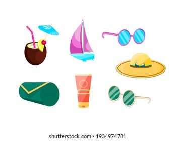 Summer items vector illustration isolated on white background. Sunglasses, female hat, towel, tropical cocktail, yacht, sun cream.
