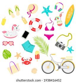 Summer items vector set, great design for any purposes.  Isolated vector illustration. Cartoon style, flat illustration.  Vector illustration flat design.