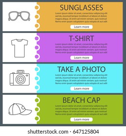 Summer items web banner templates set. Sunglasses, t-shirt, photocamera, beach cap. Website color menu items with linear icons. Vector headers design concepts