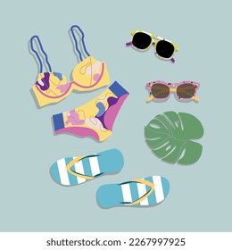 Summer items. Women's beach items. Swimsuit, sunglasses, flip flops, Cartoon style. For registration of postcards, for registration of booklets of travel agencies.