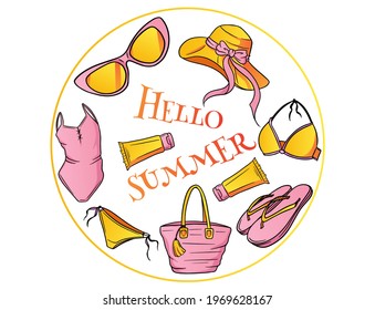 Summer items. Women's beach items. Swimwear, hat, sun glasses, flip flops, sunscreen, beach bag. Cartoon style. For the design of postcards, for the design of travel agency booklets.