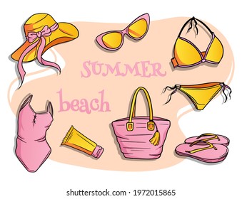 Summer Items. Women's Beach Items. Swimwear, Hat, Sun Glasses, Flip Flops, Sunscreen, Beach Bag. Cartoon Style. For The Design Of Postcards, For The Design Of Travel Agency Booklets.