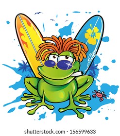 summer jamaican cartoon frog with surfboard