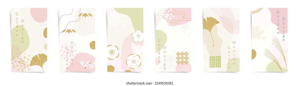 Summer japanese promo stories template design set. Traditional asian design for stories and promo posts. Golden ginkgo leaf, abstract geometric shapes, and oriental flowers in pink, green colors set.