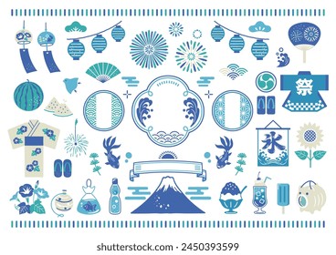 Summer Japanese style materials and frame set. Translation: festival, ice