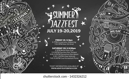 Summer jazz fest chalk outline template with text space. Blues evening advertisement poster layout. Singers and famous artists concert announcement. Retro and modern musical instruments chalk line art