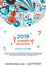 Summer jazz festival announcement poster flat template. Retro music fest web banner with text space. Microphone, cello, french horn musical instruments doodle drawing. Blues concert flyer