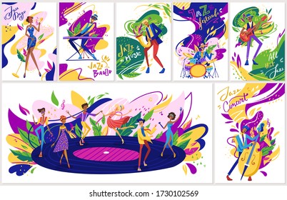 Summer jazz festival concert performance , jazzy musicians playing music, singers and jazz band instruments cartoon set of vector illustrations. Saxophonist, guitarist, jazz band and dancing people.