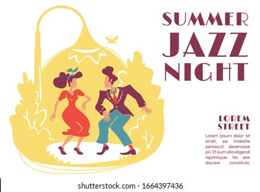 Summer Jazz Night Banner Flat Vector Template. Retro Style Outdoor Party. 50s Rock N Roll Disco. Brochure, Poster Concept Design With Cartoon Characters. Horizontal Flyer, Leaflet With Place For Text