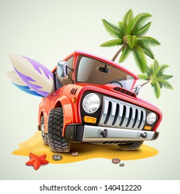 Summer Jeep Car On Beach With Palm