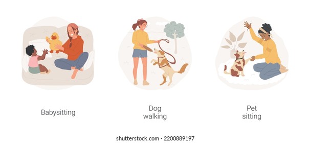 Summer Job Isolated Cartoon Vector Illustration Set. Teenager First Job, Teen Girl Play With Child, Babysitting, Dog Walking, Pet Sitting, Training A Dog, Part-time Work Vector Cartoon.