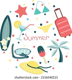 summer journey attributes collection with luggage, surfboard, cocktail and more elements