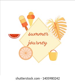 Summer journey design. Banner template. Tropical leaf monstera, slise of watermelon, lemon, ice cream on white background. Isolated. Orange, yellow colors. 