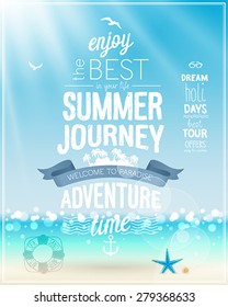 Summer Journey poster with tropical background.