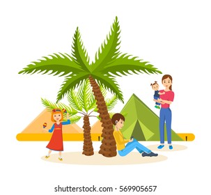 Summer journey together in warm country, vacationing in good mood, familiarity with country, leisure, fun, family holiday. Vector illustration on white background. Can be used in banner, design.