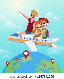 Summer Journey, Travel Concept. Happy Family Rides On Plane On Vacation. Cartoon Vector Illustration