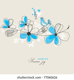 Summer joy: blooming tree branch and singing bird