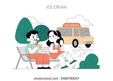 Summer Joy concept. Children enjoying ice cream in the park near an ice cream truck. Casual, serene day outdoors. Vector illustration.