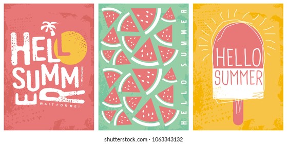 Summer joy creative artistic banners and posters template. Hello summer shirt prints layout with sun, watermelons and ice cream. Vector design illustrations set.